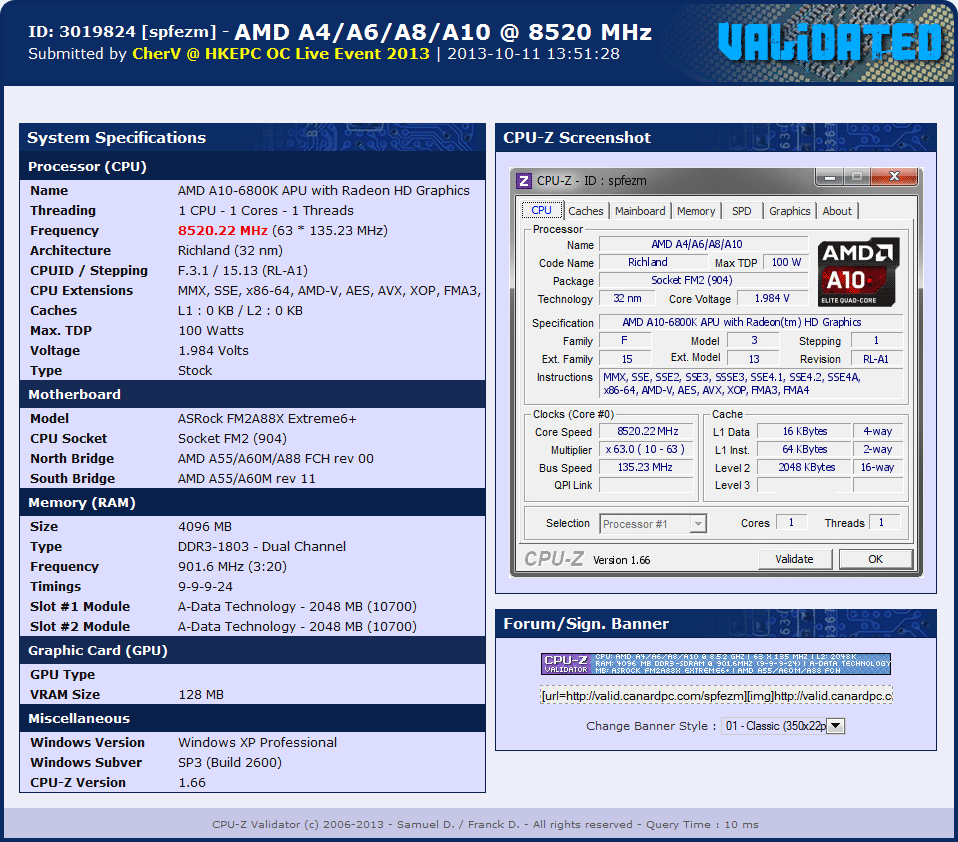 A10 6800K @8.52GHz από την HKEPC!