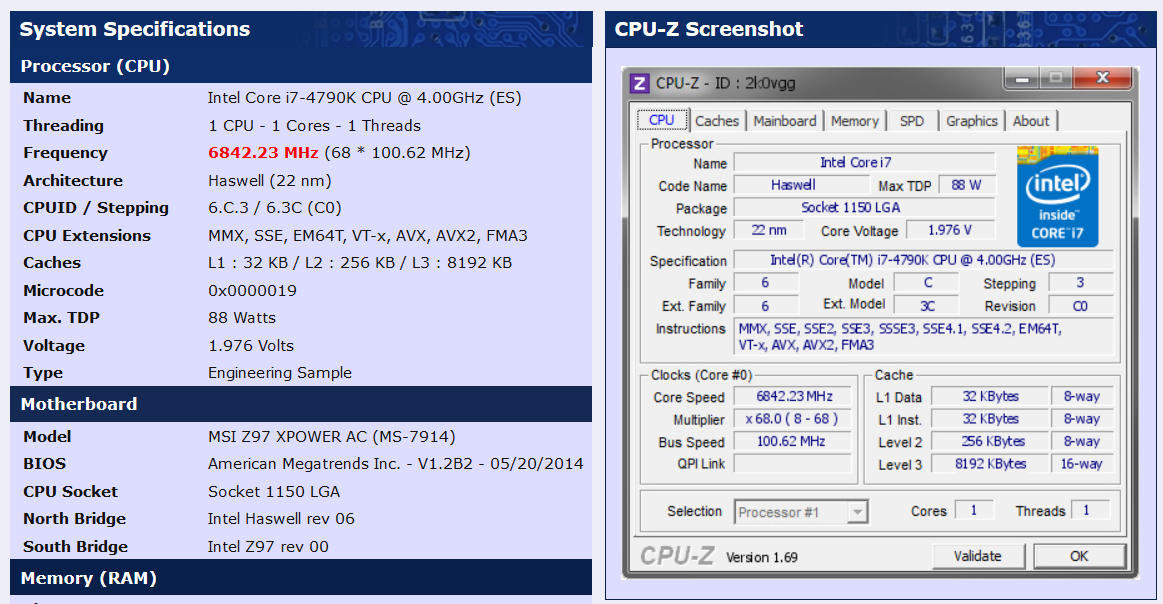 Intel Core i7 4790K CPU-Z Validation στα 6842 MHz