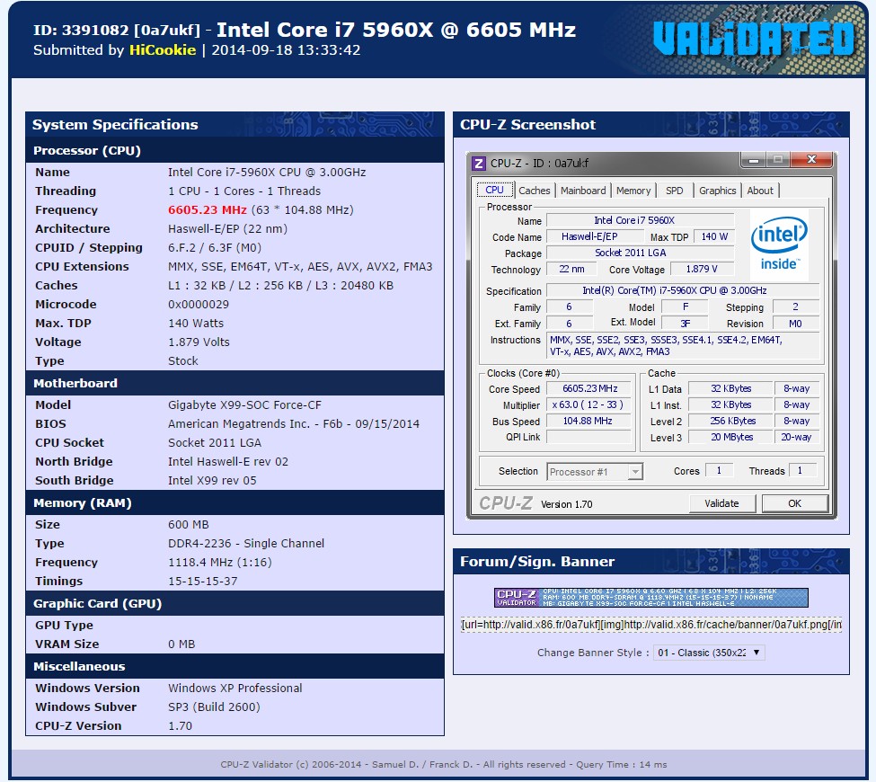 Ο Hicookie φτάνει τον Core i7 5960X στα 6605,23 MHz